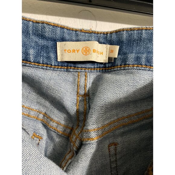 TORY BURCH Pardon My French Medium Wash Frayed Hem Crop Jeans size 28 - Picture 5 of 16